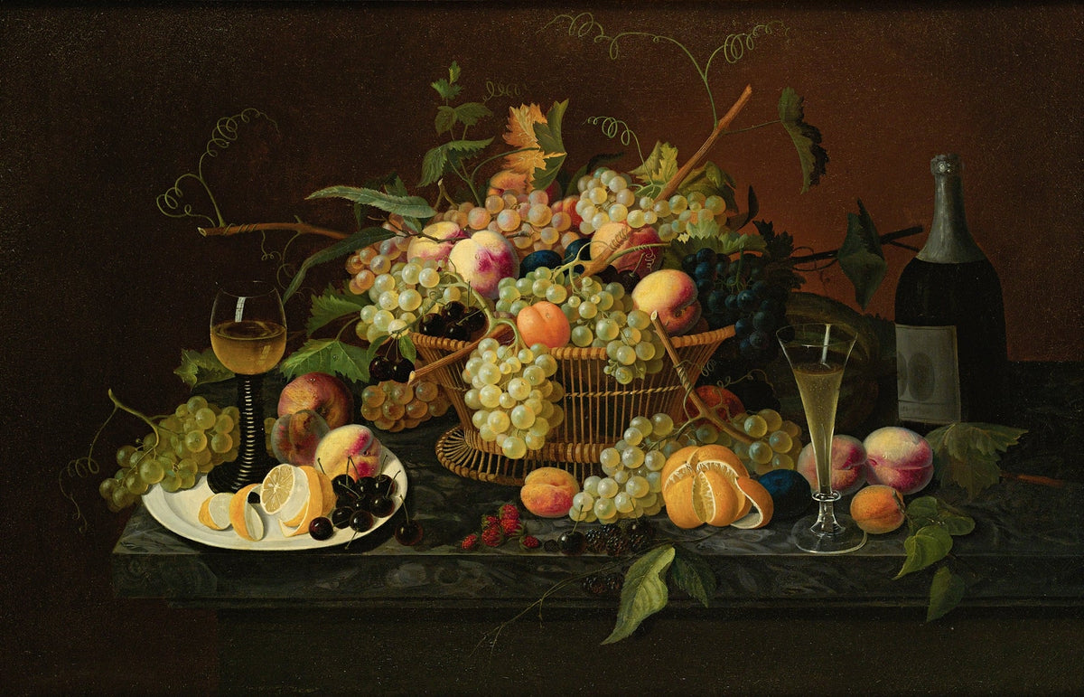 Still Life Oil Painting - Grapes, Peaches and Wine - Oil Painting Haven