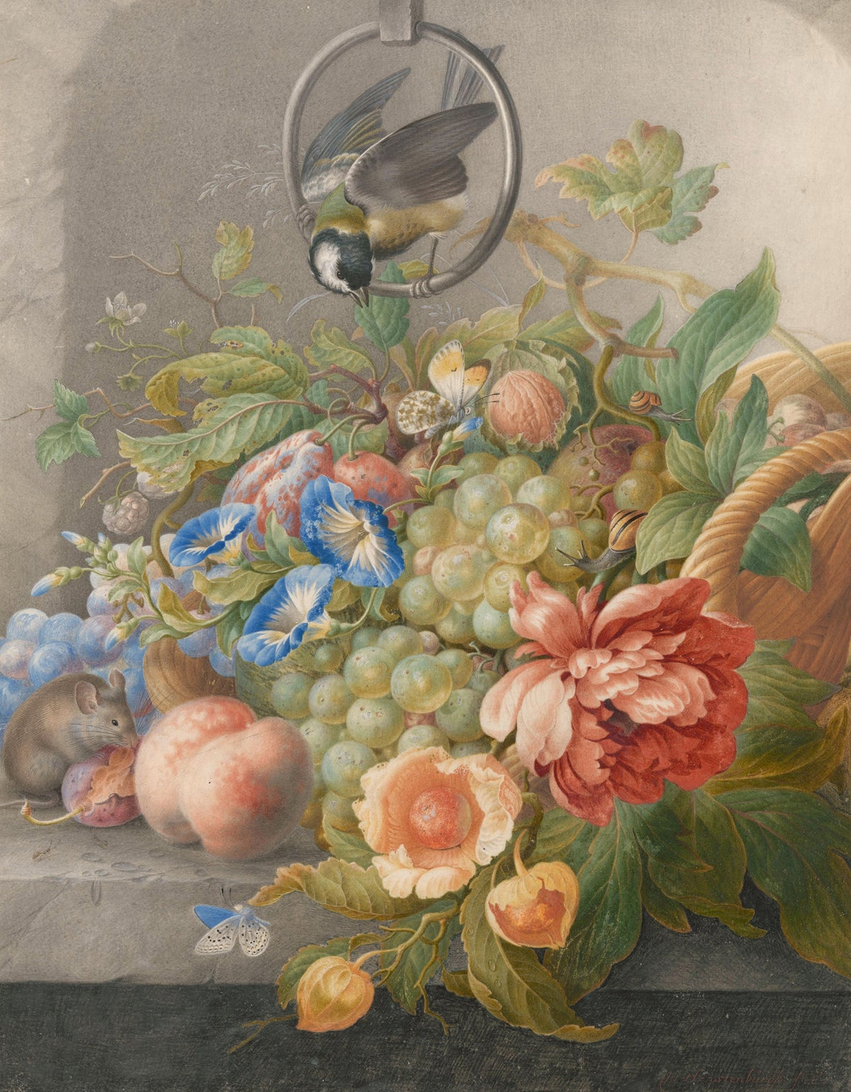 Still Life Oil Painting - Grapes, Peaches, Flowers and Bird - Oil Painting Haven