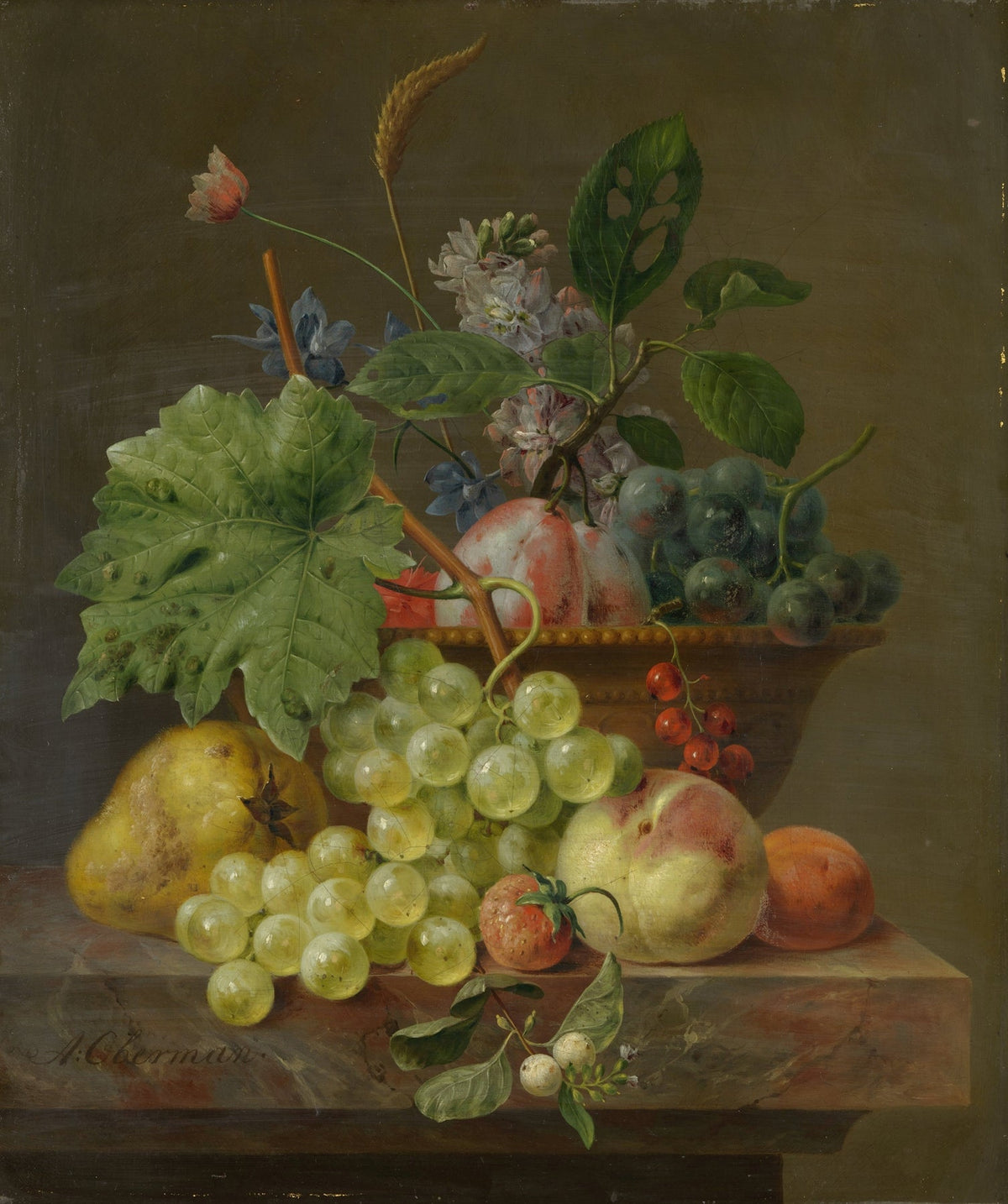 Still Life Oil Painting - Grapes, Pear and Garden Blooms - Oil Painting Haven