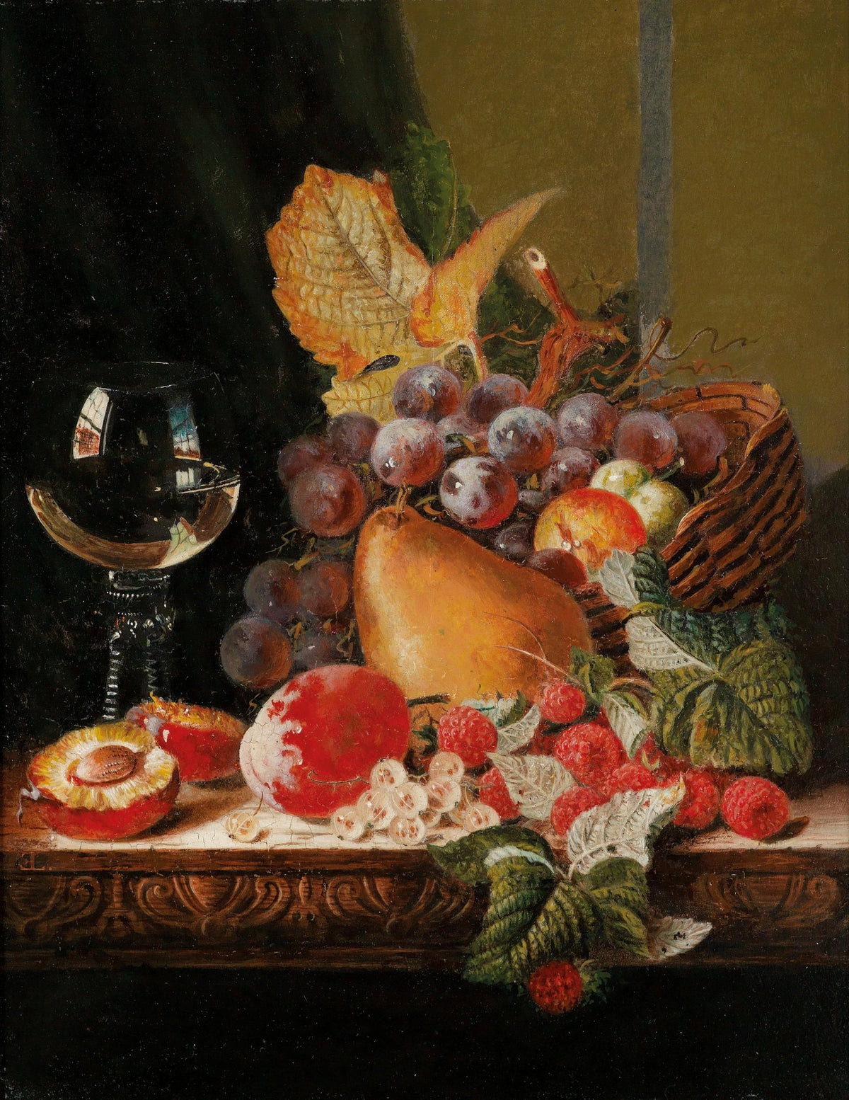 Still Life Oil Painting - Grapes, Pear and Wine Glass - Oil Painting Haven