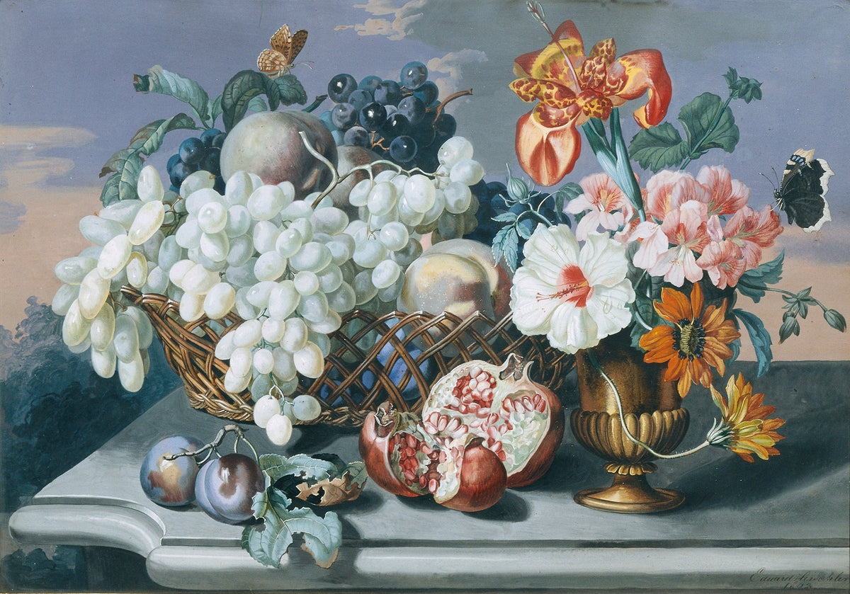 Stillleben Ölgemälde - Trauben, Granatapfel und Blumen