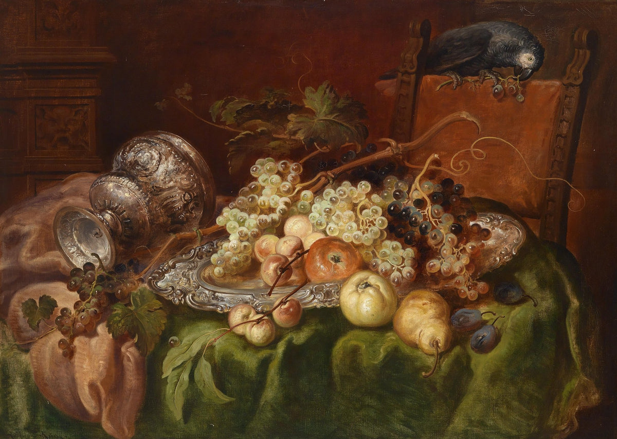 Still Life Oil Painting - Grapes, Silver and Parrot - Oil Painting Haven