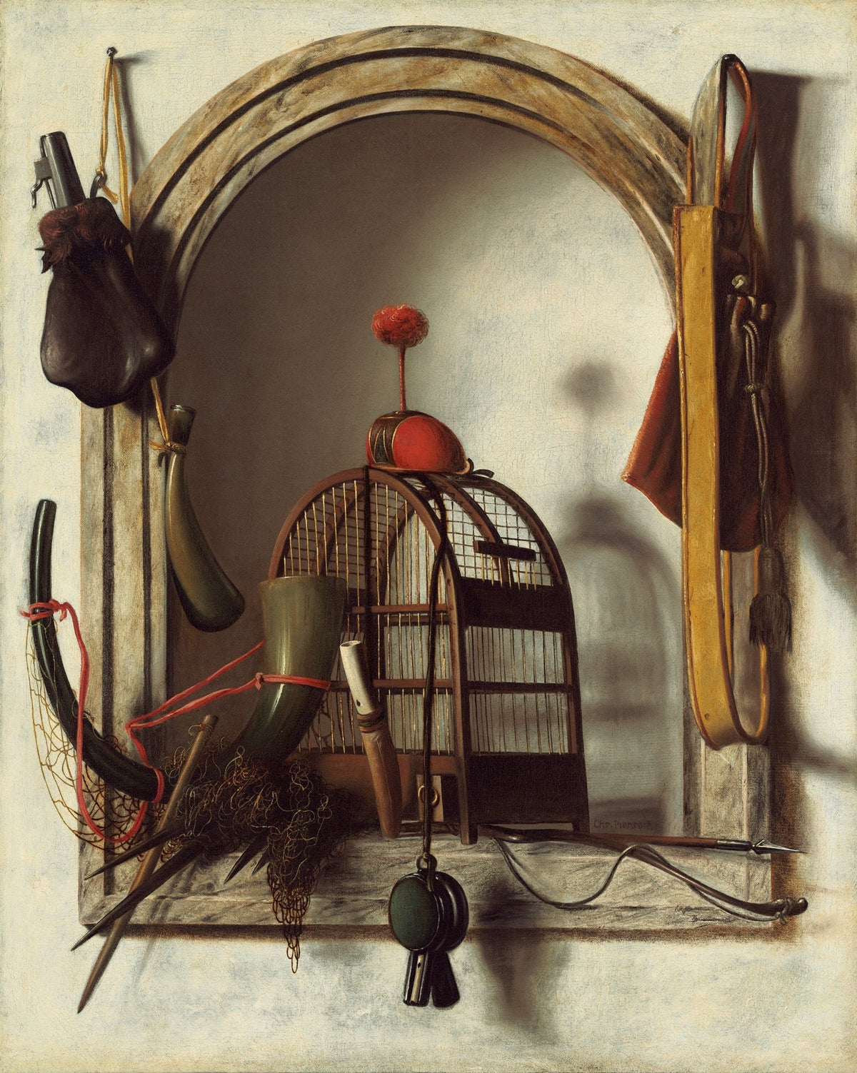 Still Life Oil Painting - Hunting Gear and Birdcage - Oil Painting Haven