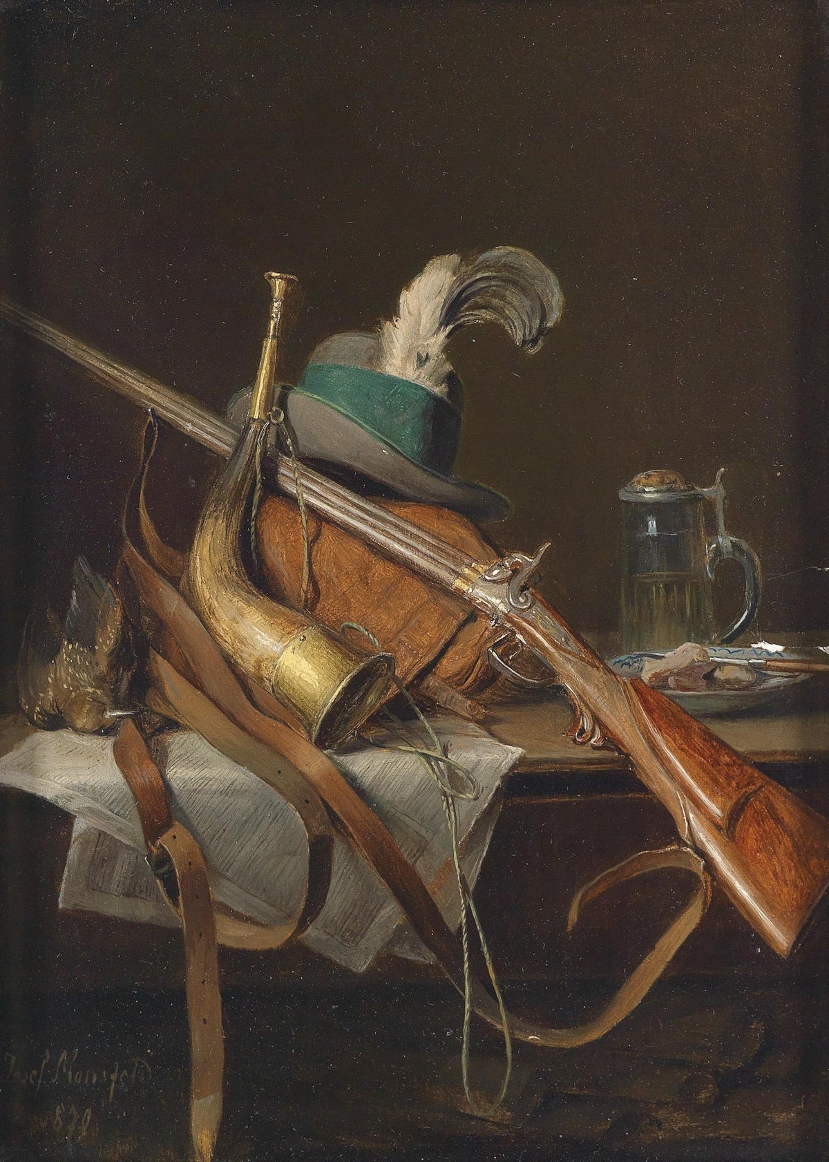 Still Life Oil Painting - Hunting Rifle and Horn - Oil Painting Haven
