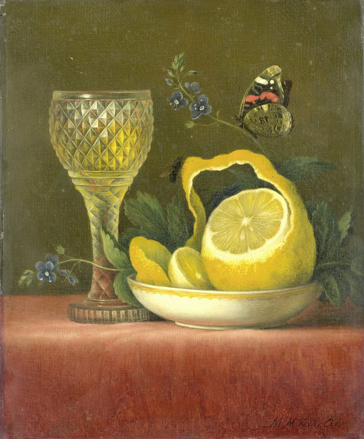 Still Life Oil Painting - Lemon, Glass and Butterfly - Oil Painting Haven