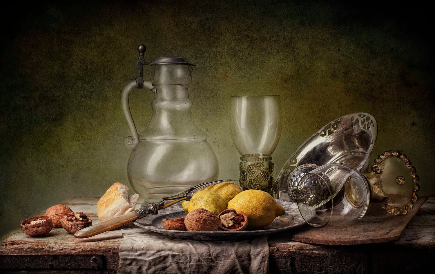 Still Life Oil Painting - Lemons, Glassware and Vintage Utensils - Oil Painting Haven