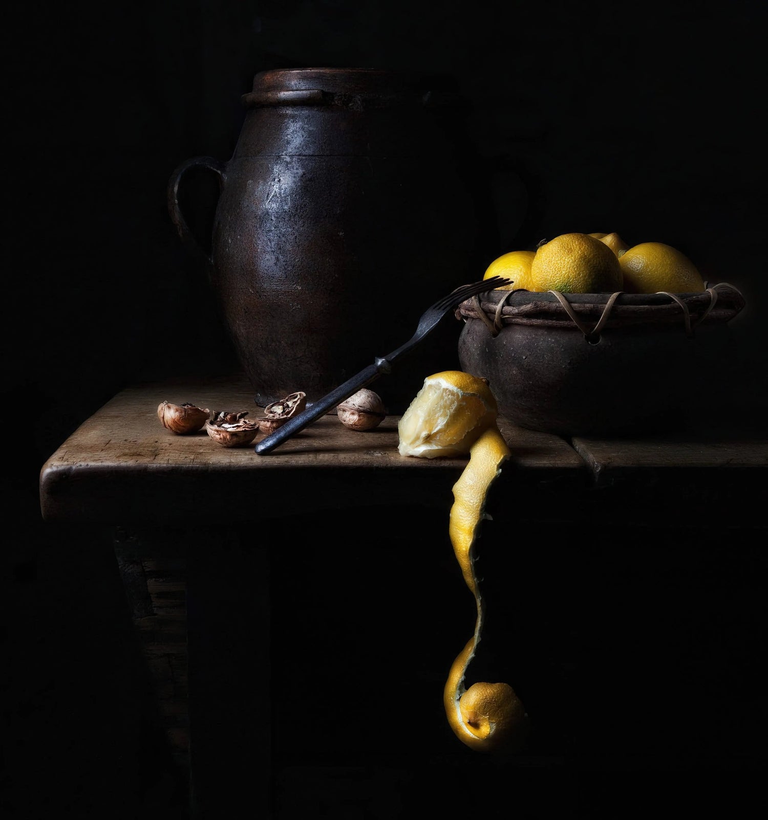 Still Life Oil Painting - Lemons, Nuts and Vintage Pottery - Oil Painting Haven