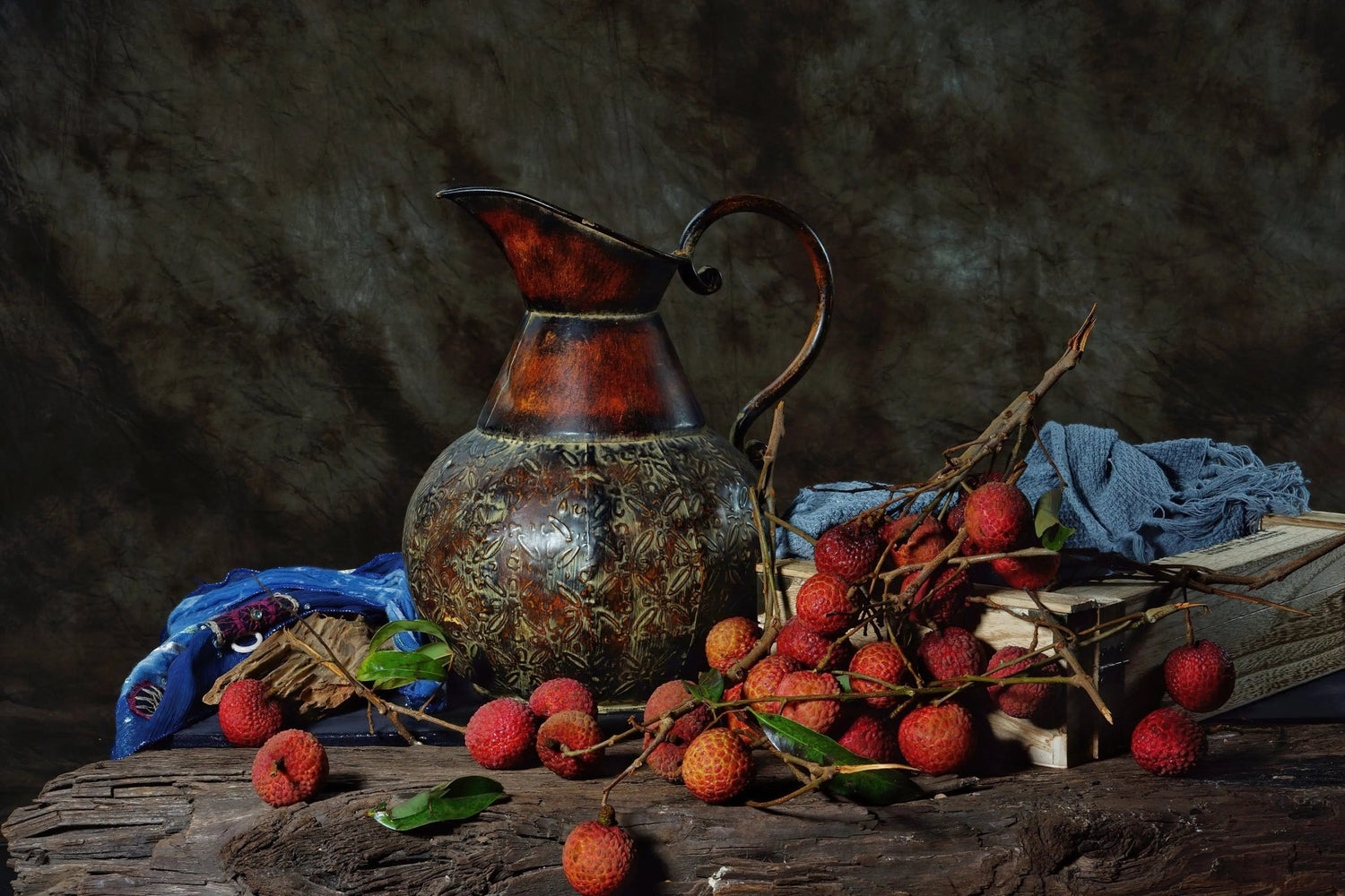 Still Life Oil Painting - Lychees, Decorative Pitcher and Textiles - Oil Painting Haven