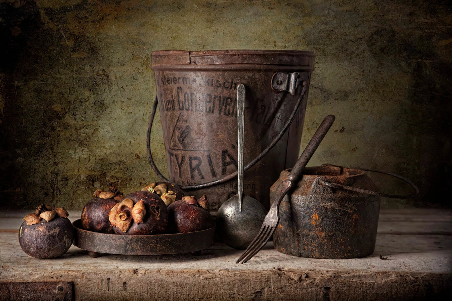 Still Life Oil Painting - Mangosteens, Rustic Metalware and Utensils - Oil Painting Haven