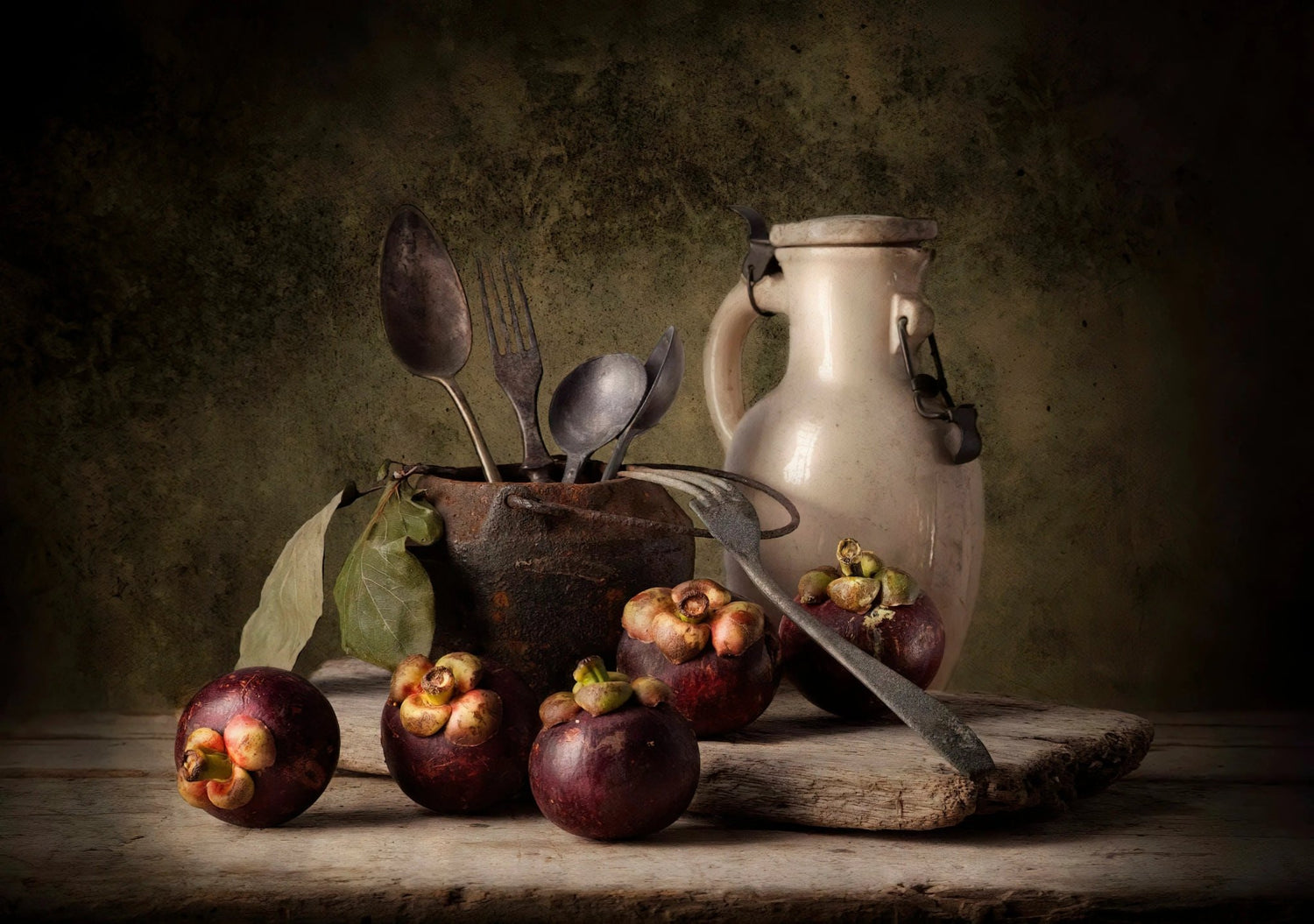 Still Life Oil Painting - Mangosteens, Vintage Utensils and Ceramic Jug - Oil Painting Haven