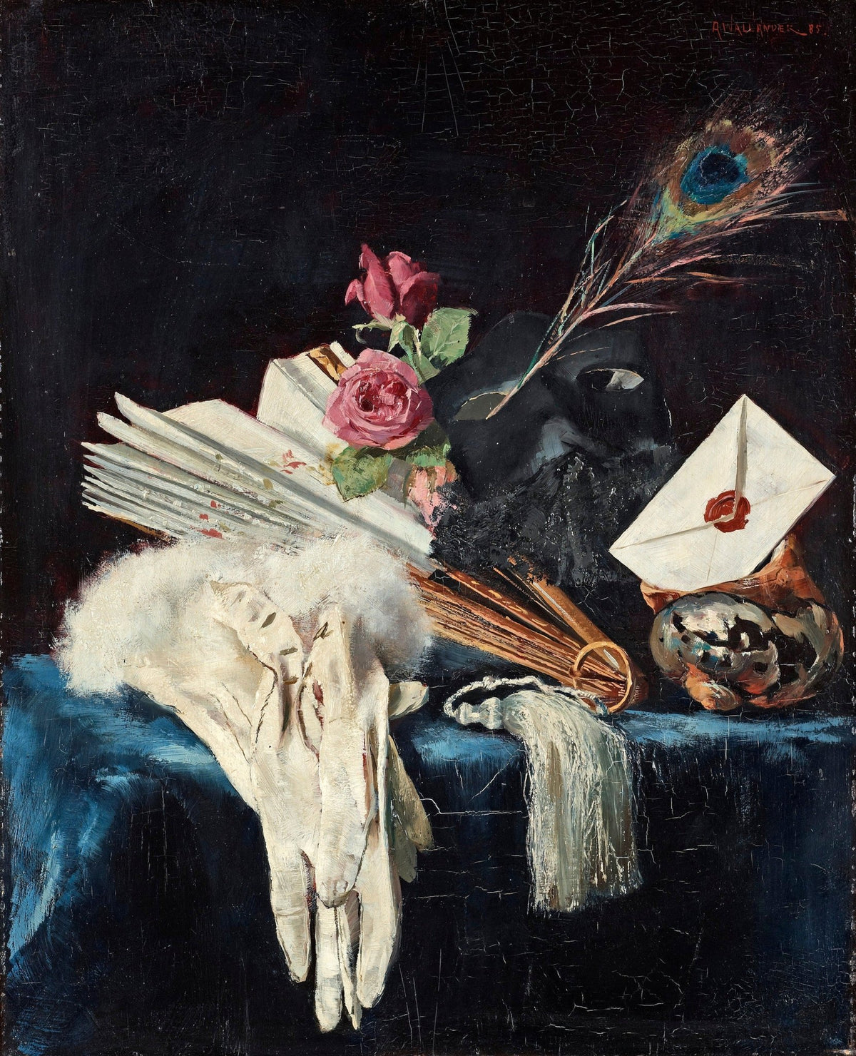Still Life Oil Painting - Mask, Roses and Letters - Oil Painting Haven