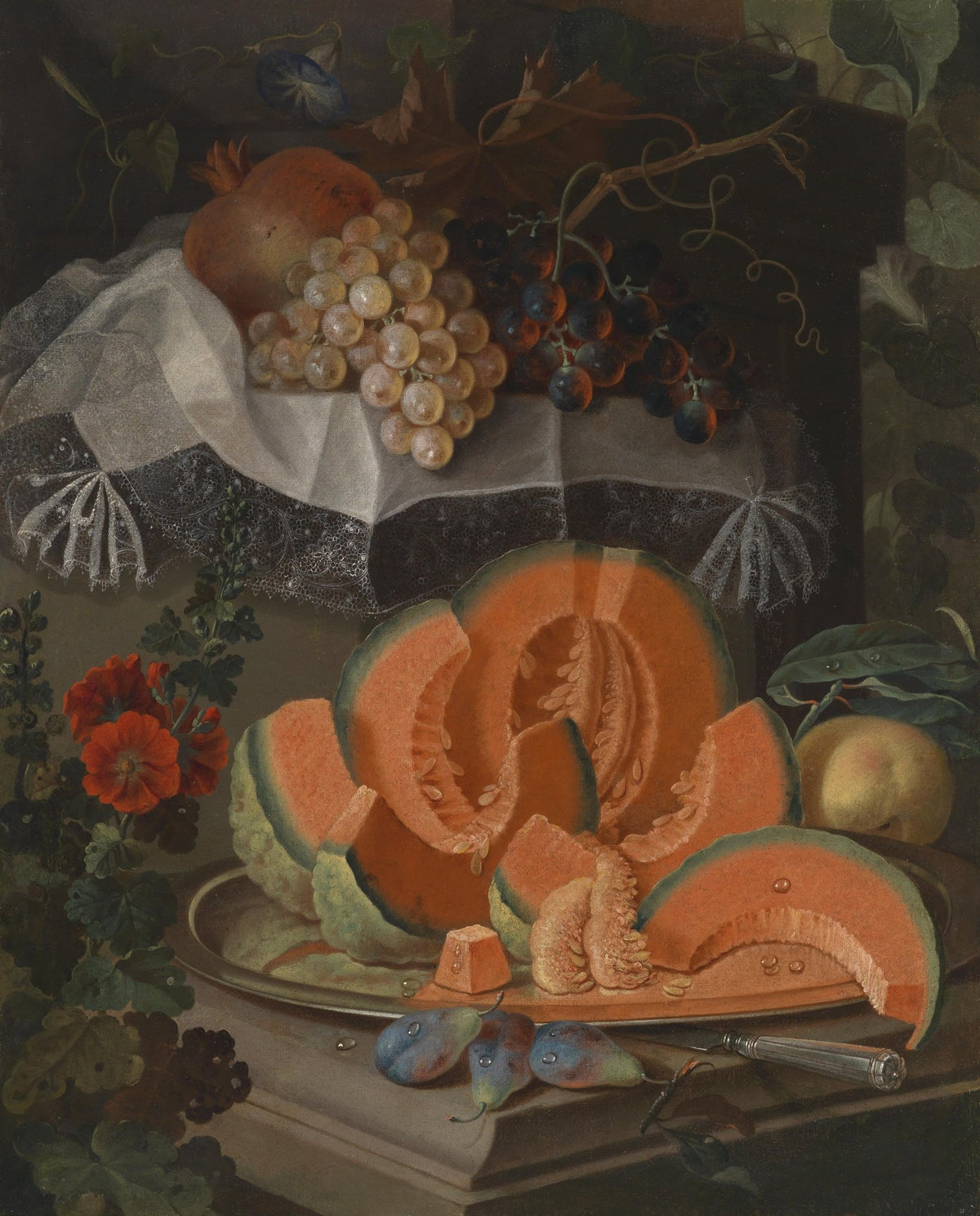 Still Life Oil Painting - Melon, Grapes and Lace - Oil Painting Haven