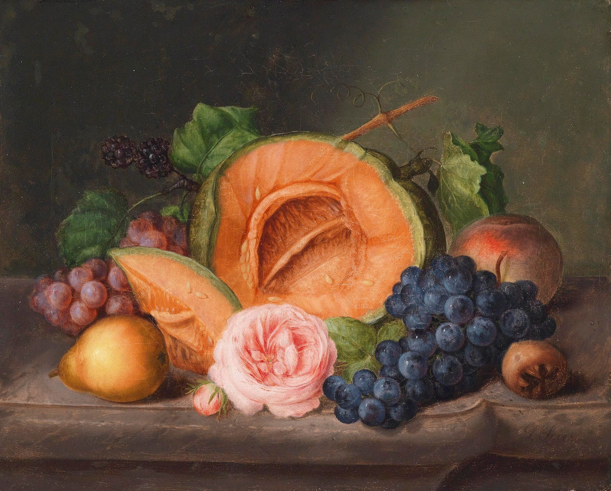 Still Life Oil Painting - Melon, Grapes and Rose - Oil Painting Haven