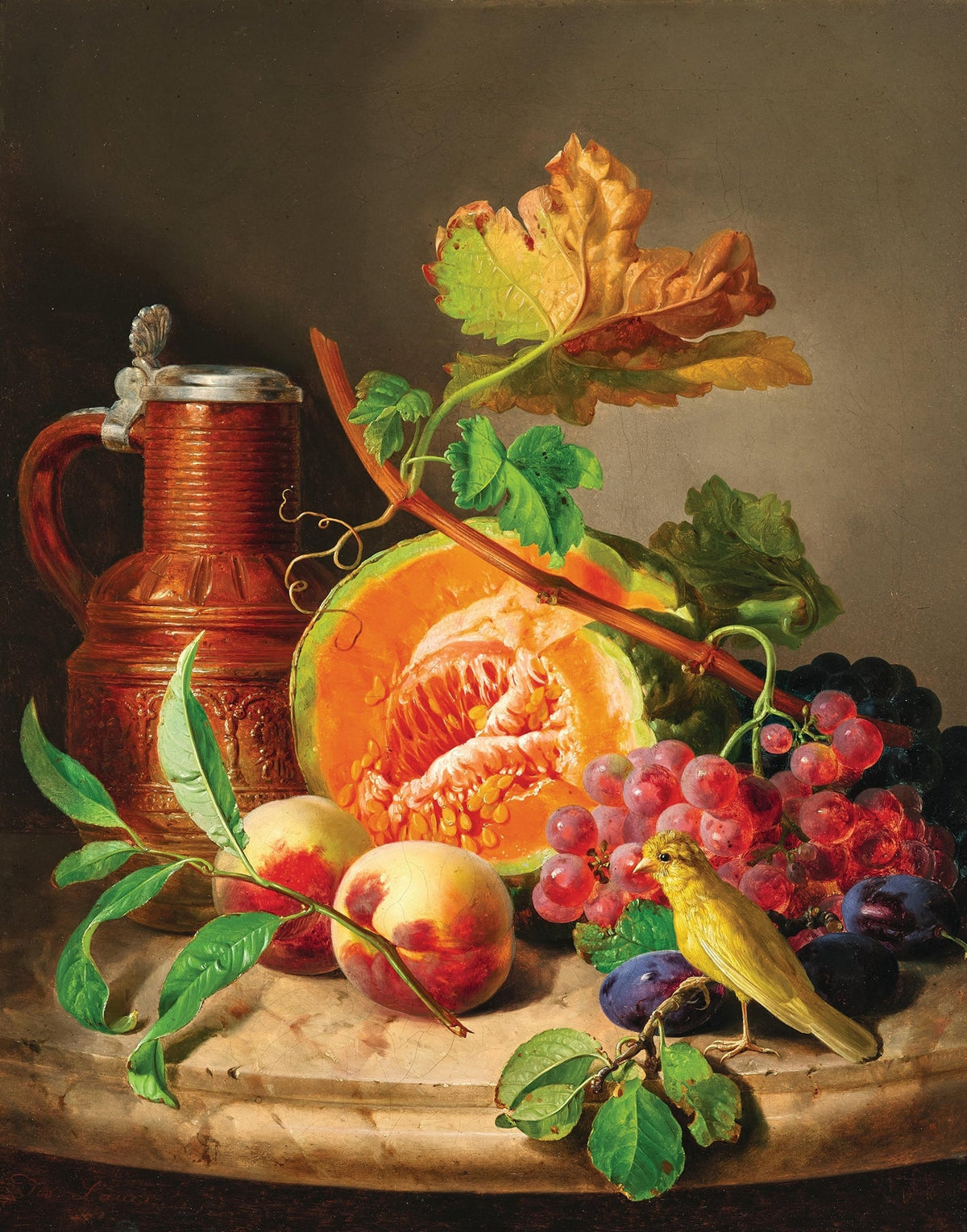 Still Life Oil Painting - Melon, Grapes and Songbird - Oil Painting Haven