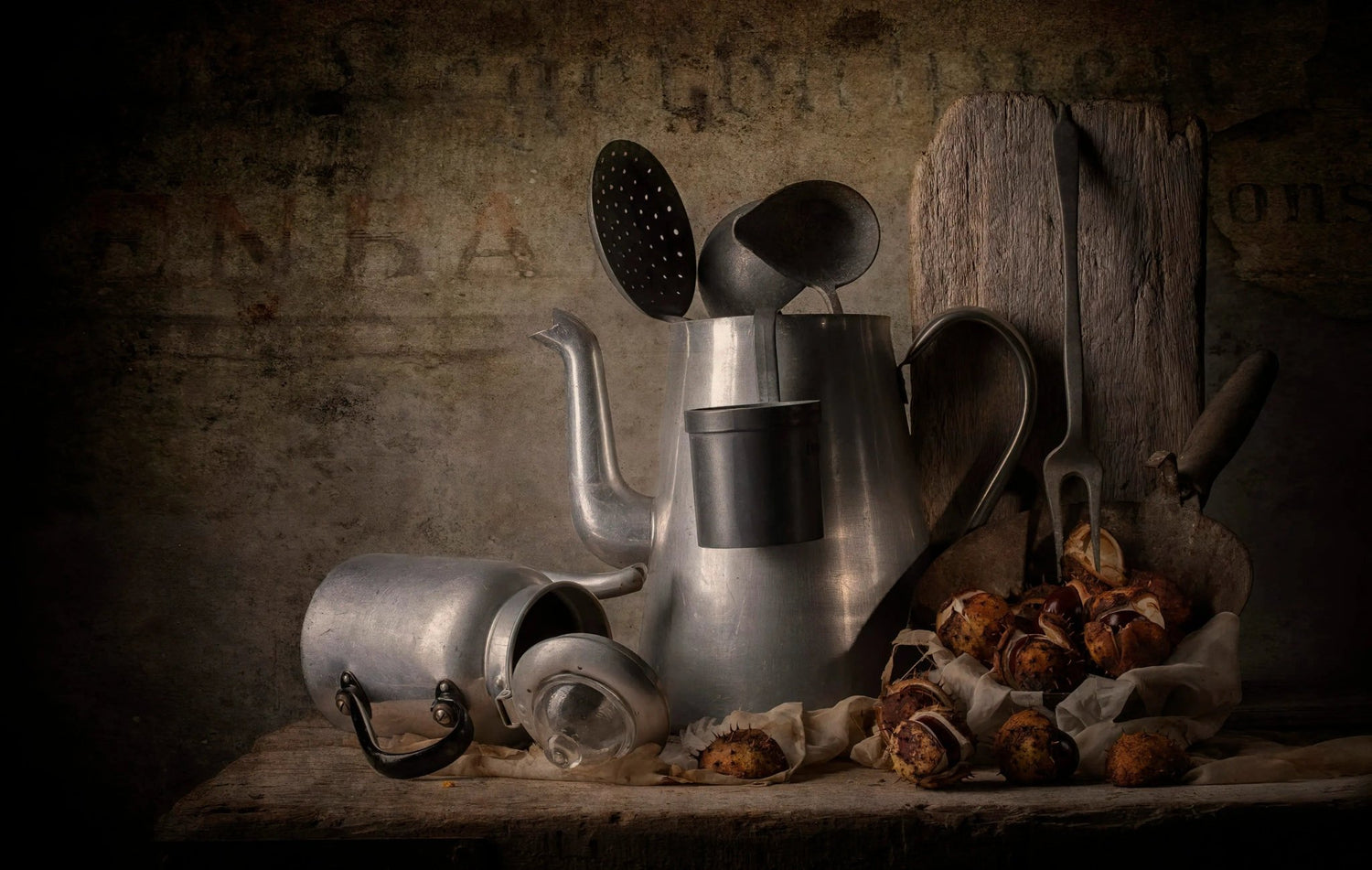 Still Life Oil Painting - Metal Vessels and Chestnuts - Oil Painting Haven