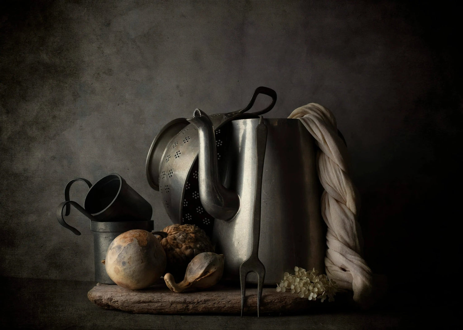 Still Life Oil Painting - Metal Vessels and Unique Produce - Oil Painting Haven