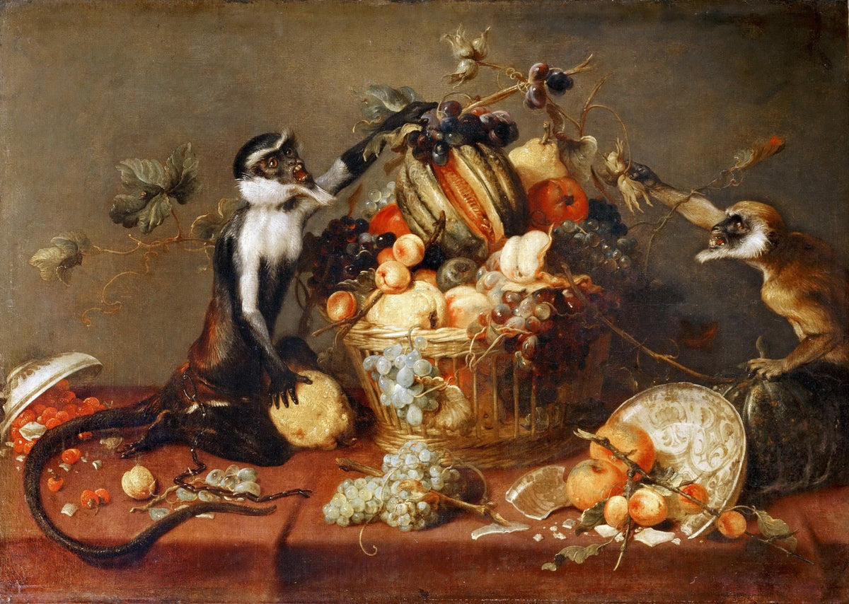Still Life Oil Painting - Monkeys with Fruit Basket - Oil Painting Haven