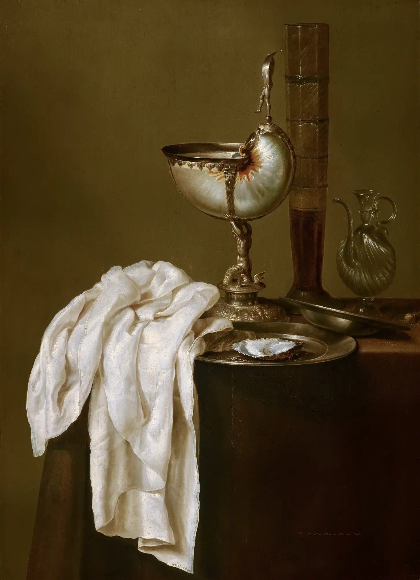 Still Life Oil Painting - Nautilus Cup, Glassware and Cloth - Oil Painting Haven