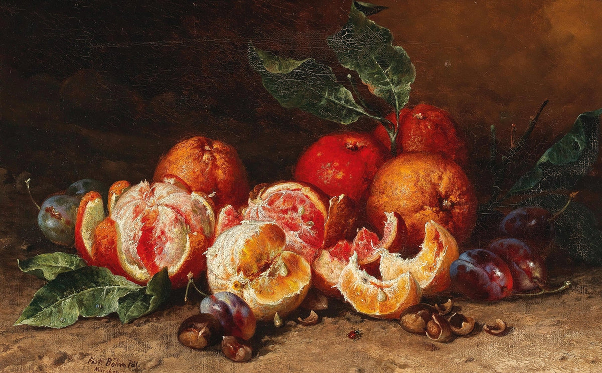 Still Life Oil Painting - Oranges, Plums and Chestnuts - Oil Painting Haven