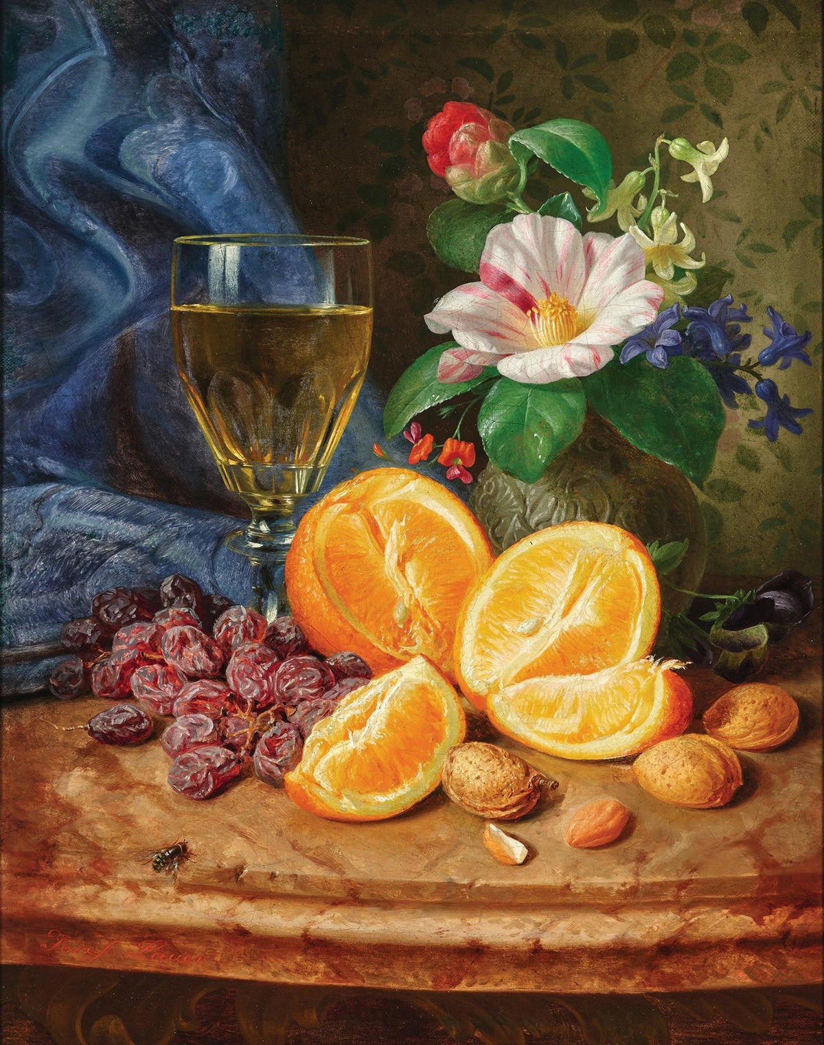 Still Life Oil Painting - Oranges, Wine and Flowers - Oil Painting Haven