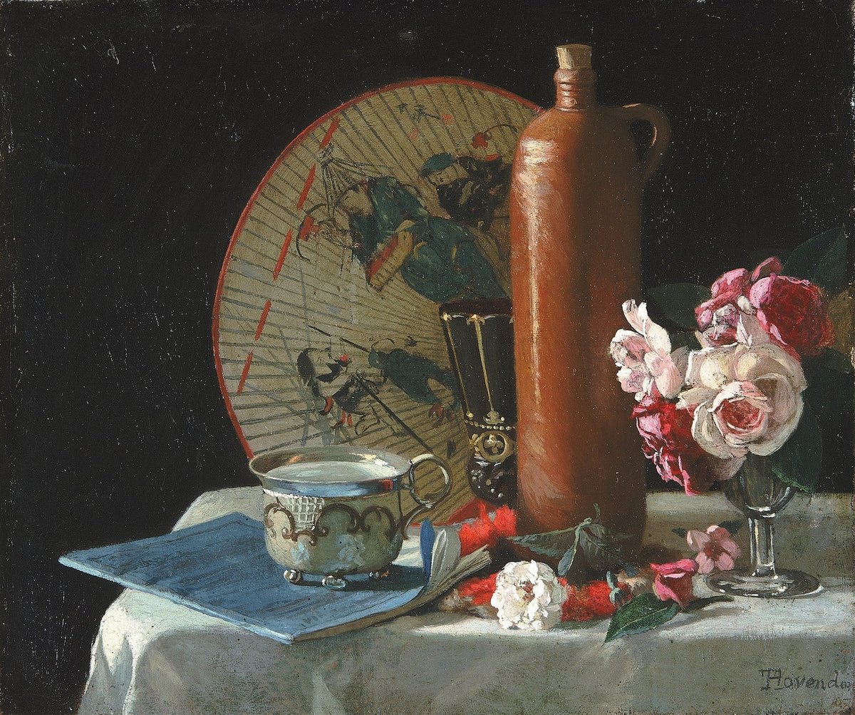 Still Life Oil Painting - Oriental Fan and Roses - Oil Painting Haven