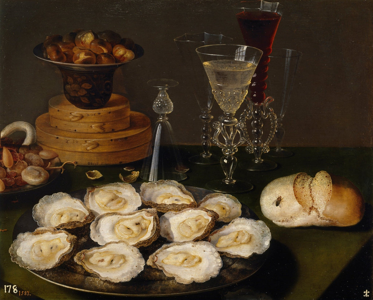 Still Life Oil Painting - Oysters, Wine and Bread - Oil Painting Haven