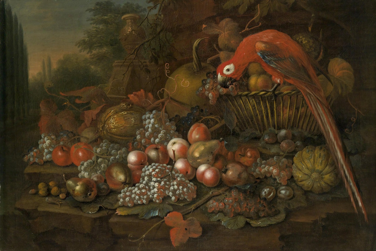 Still Life Oil Painting - Parrot and Abundant Fruit - Oil Painting Haven