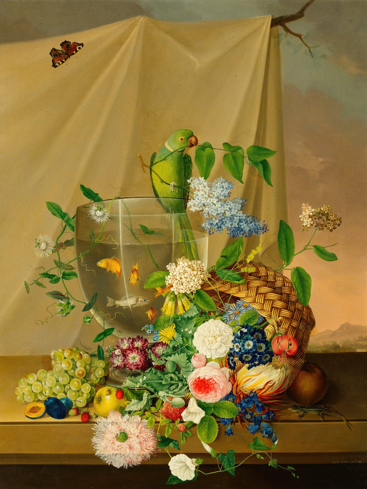 Still Life Oil Painting - Parrot, Flowers and Fruit - Oil Painting Haven