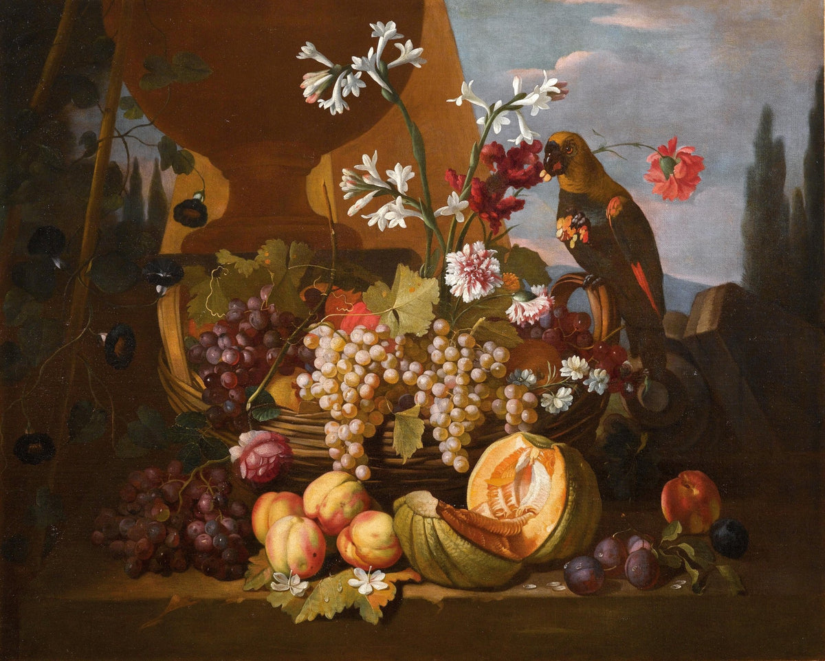 Still Life Oil Painting - Parrot, Grapes and Melon - Oil Painting Haven