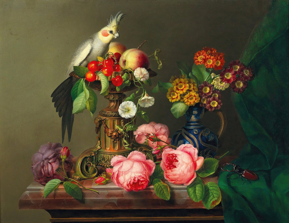 Still Life Oil Painting - Parrot, Roses and Cherries - Oil Painting Haven