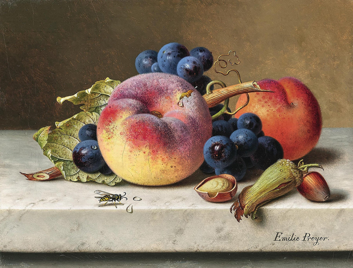 Still Life Oil Painting - Peach, Grapes and Acorn - Oil Painting Haven