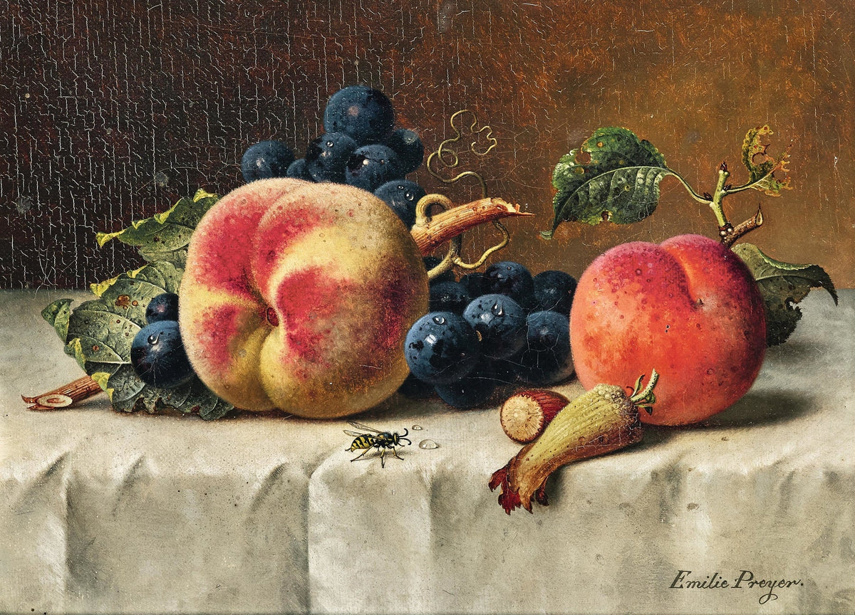 Still Life Oil Painting - Peaches and Dark Grapes - Oil Painting Haven