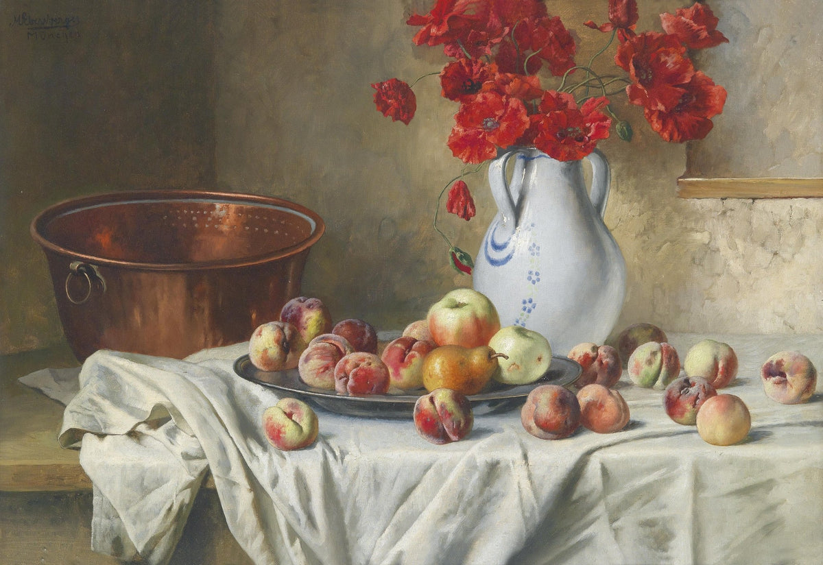 Still Life Oil Painting - Peaches and Red Poppies - Oil Painting Haven