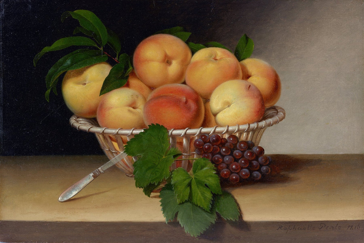 Still Life Oil Painting - Peaches, Grapes and Basket - Oil Painting Haven