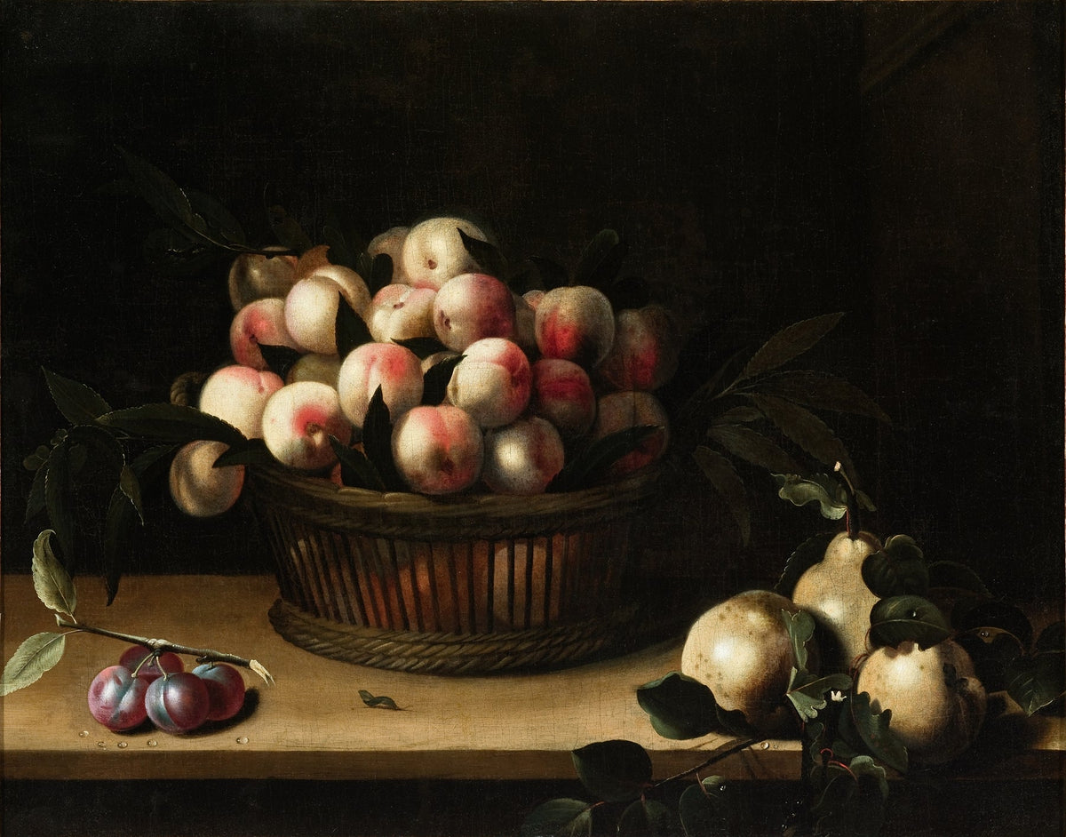 Still Life Oil Painting - Peaches in Rustic Basket - Oil Painting Haven