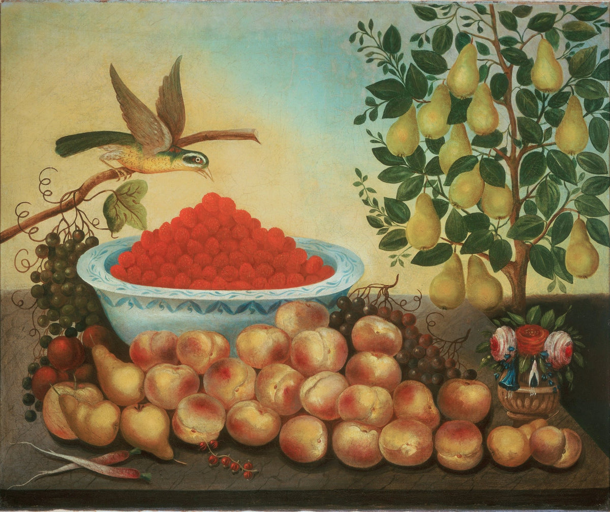 Nature morte à l'huile - Pêches, poires et oiseau