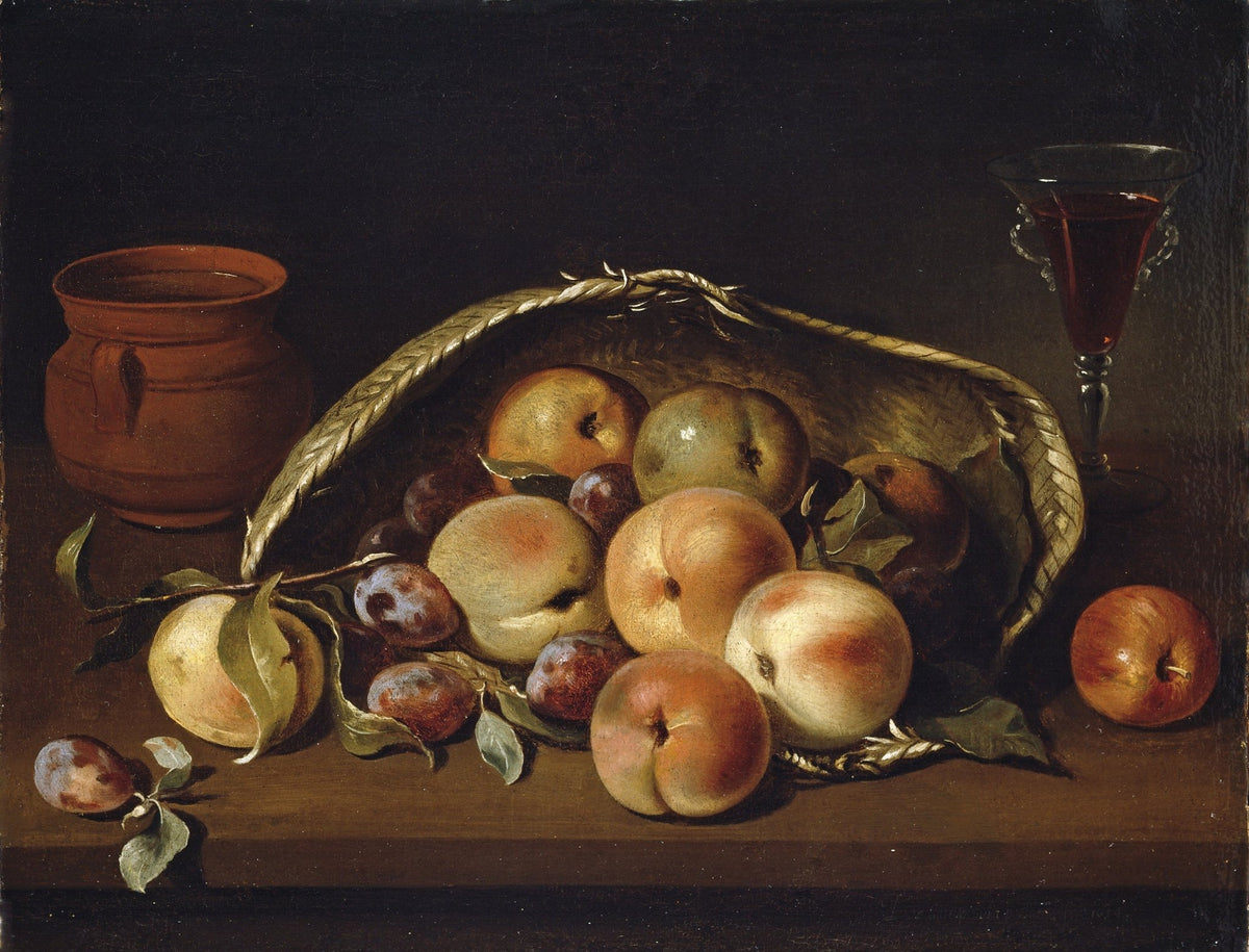 Still Life Oil Painting - Peaches, Plums and Wine Glass - Oil Painting Haven