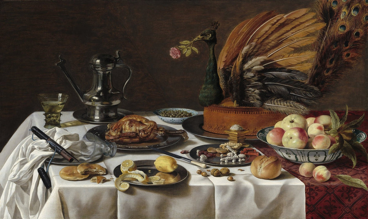 Still Life Oil Painting - Peacock, Feast and Silverware - Oil Painting Haven