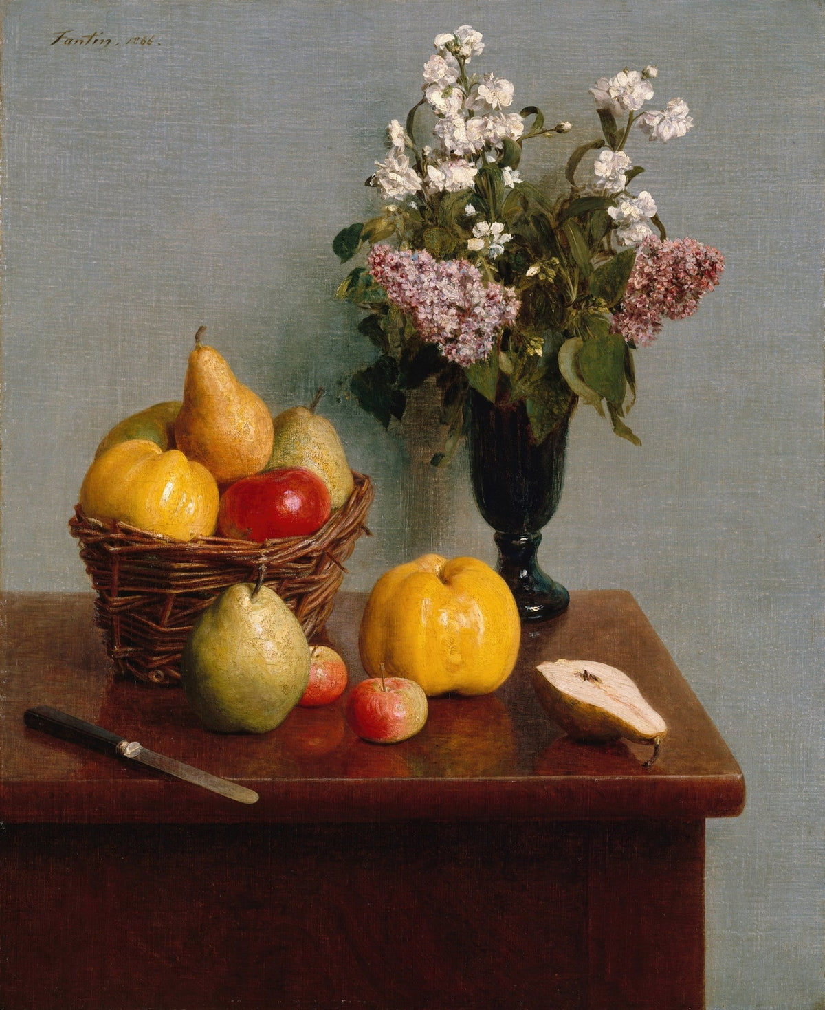 Still Life Oil Painting - Pears, Apples and Flowers - Oil Painting Haven