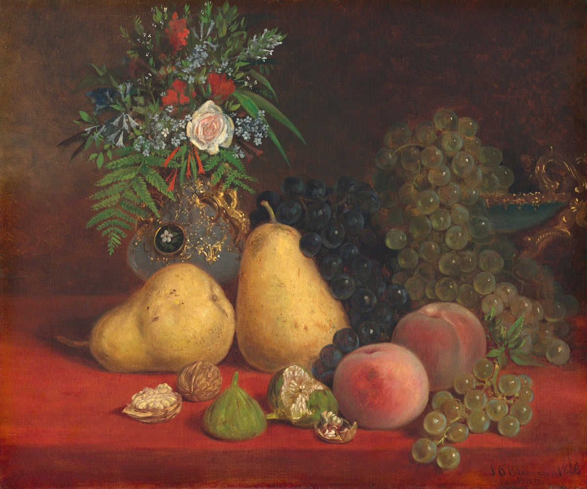 Still Life Oil Painting - Pears, Grapes and Flowers - Oil Painting Haven