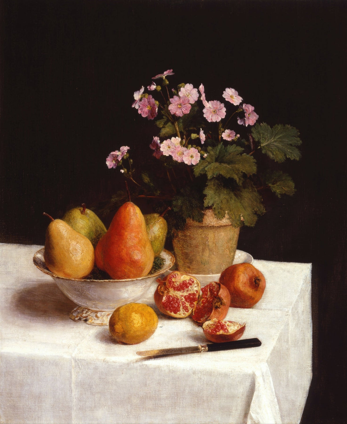 Still Life Oil Painting - Pears, Pomegranate and Flowers - Oil Painting Haven