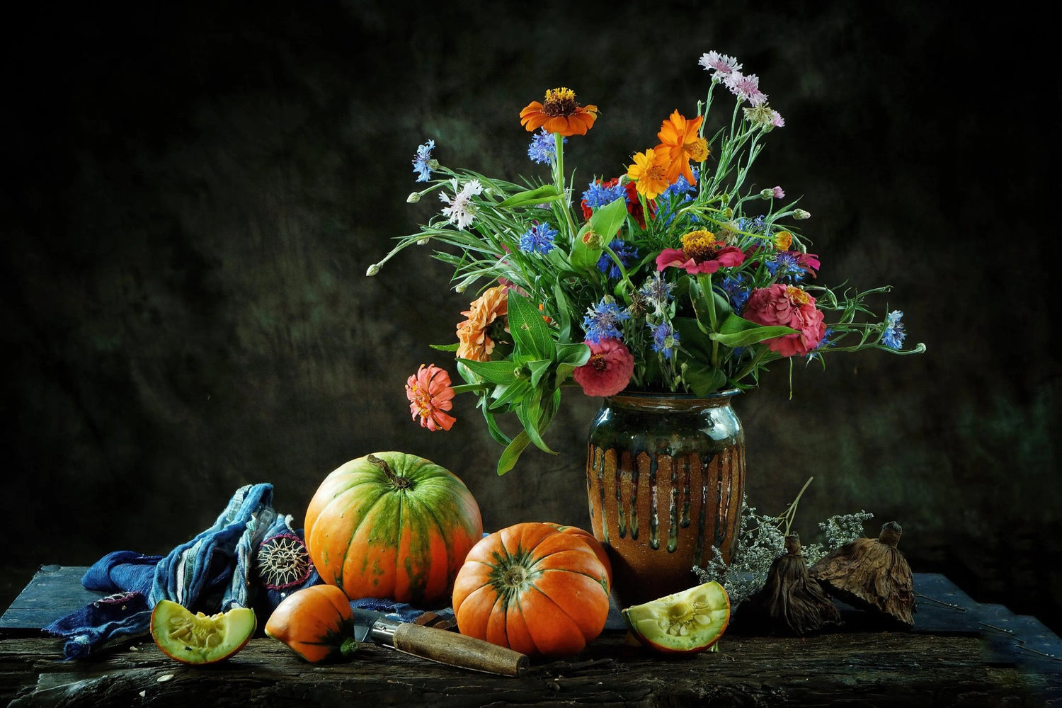 Still Life Oil Painting - Pumpkins, Flowers and Ceramic Vase - Oil Painting Haven