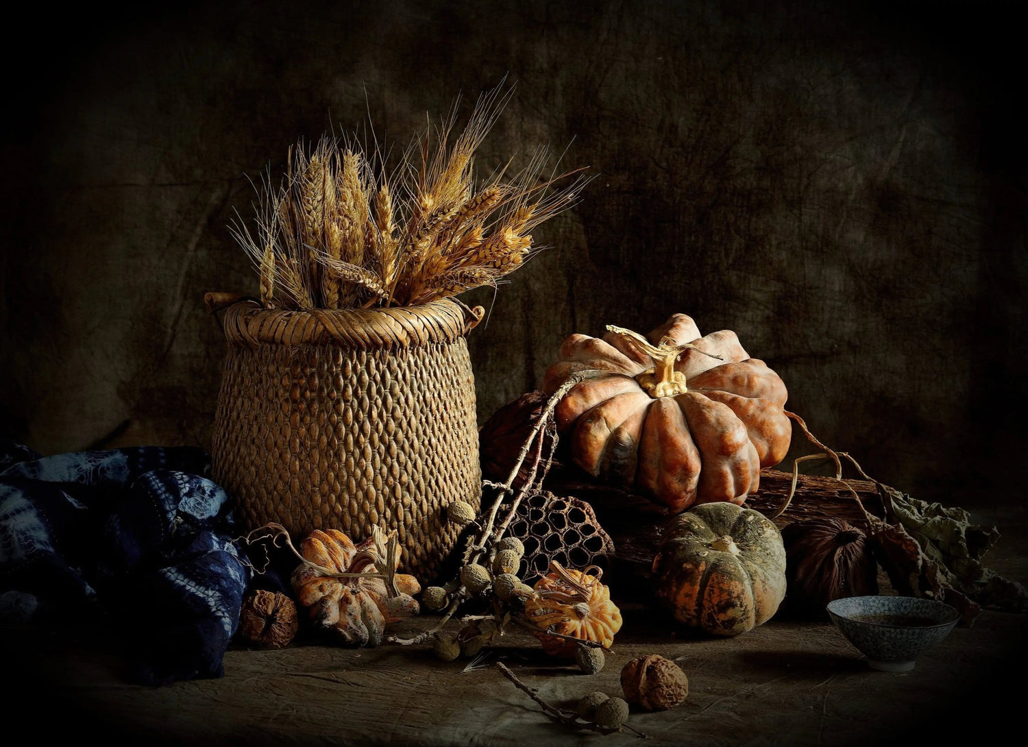 Still Life Oil Painting - Pumpkins, Wheat and Woven Basket - Oil Painting Haven