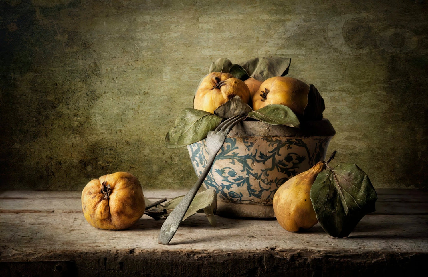 Still Life Oil Painting - Quinces, Ceramic Bowl and Vintage Fork - Oil Painting Haven