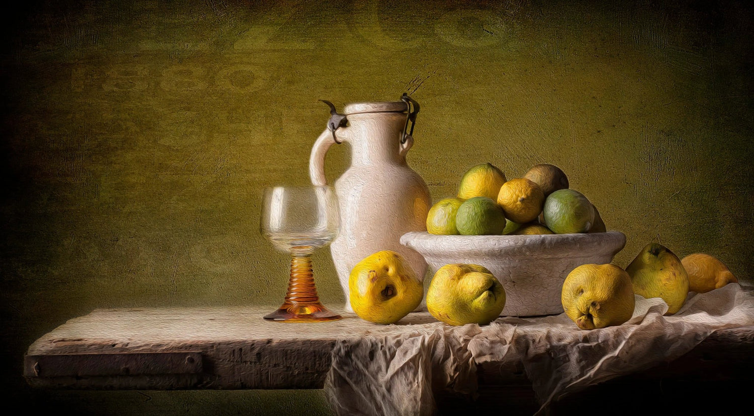 Still Life Oil Painting - Quinces, Glassware and Utensils Wall Art - Oil Painting Haven