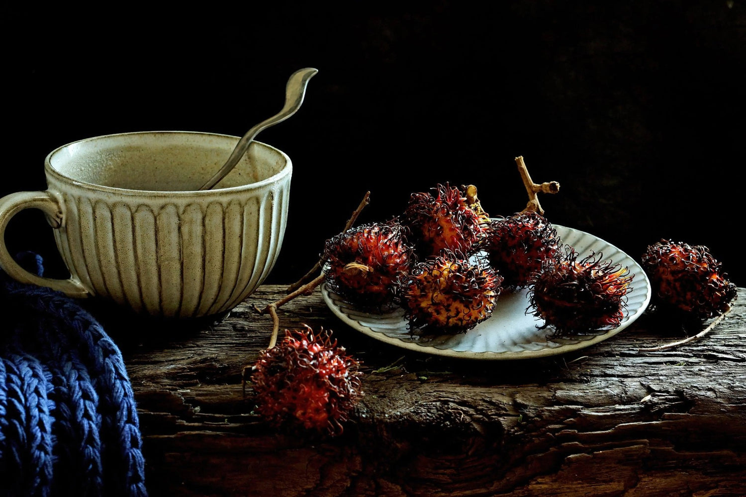 Still Life Oil Painting - Rambutan, Ceramic Cup and Plate - Oil Painting Haven