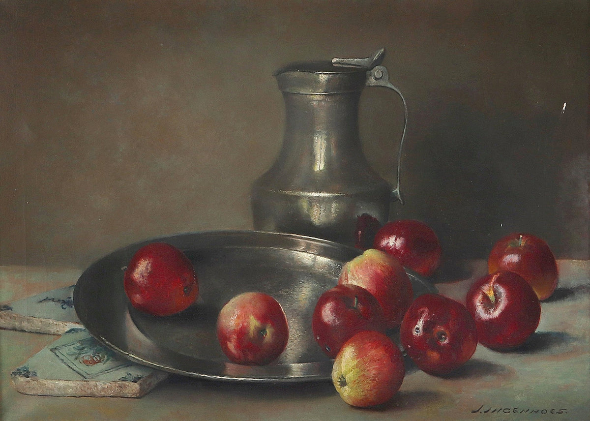 Still Life Oil Painting - Red Apples and Pewter Jug - Oil Painting Haven