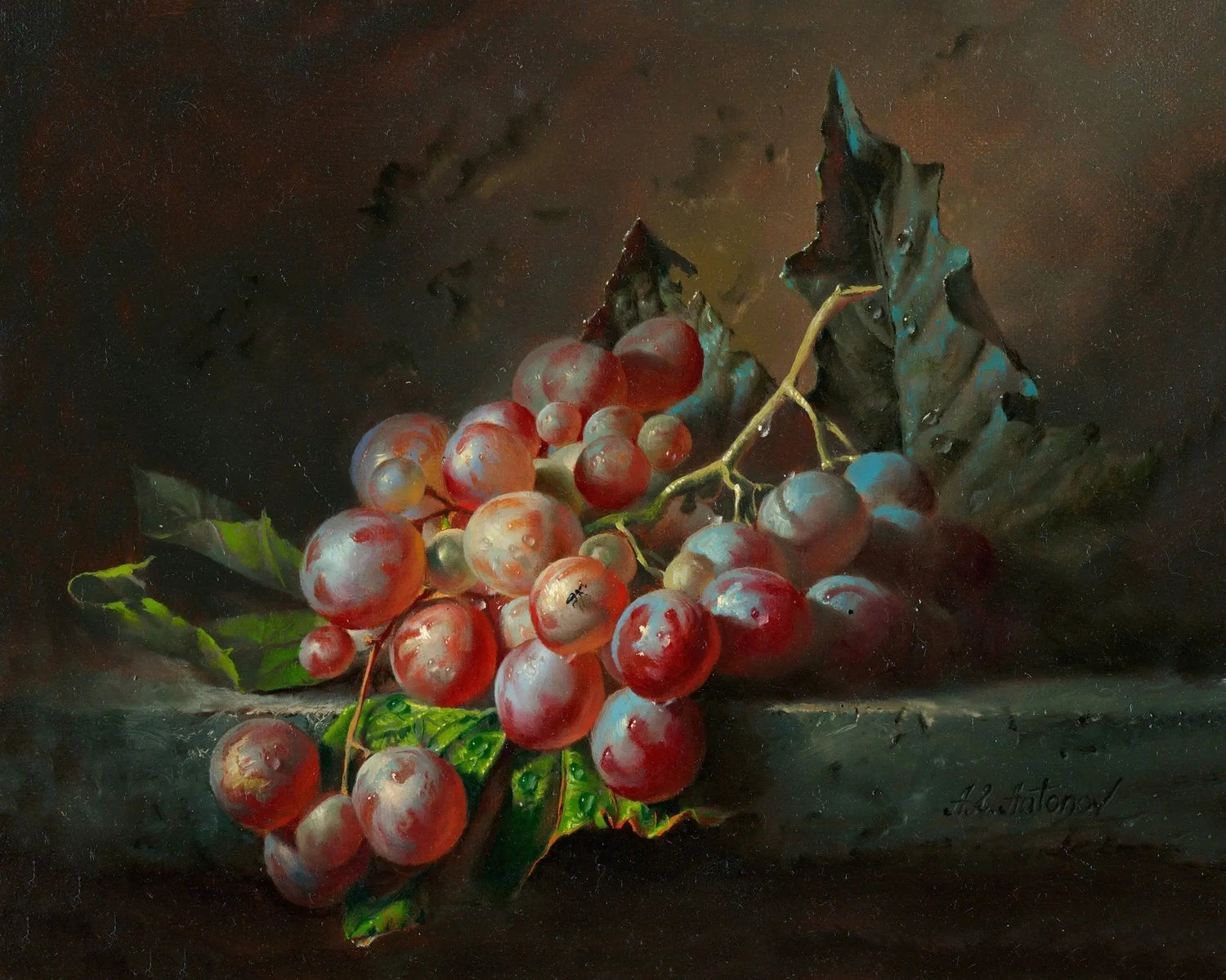 Still Life Oil Painting - Red Grapes with Leaves - Oil Painting Haven