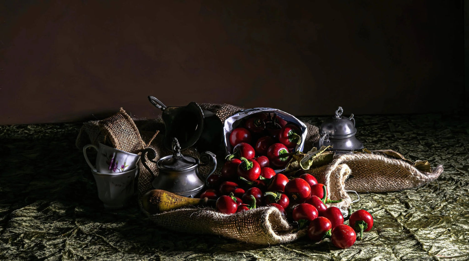 Still Life Oil Painting - Red Peppers, Metalware and Cups - Oil Painting Haven