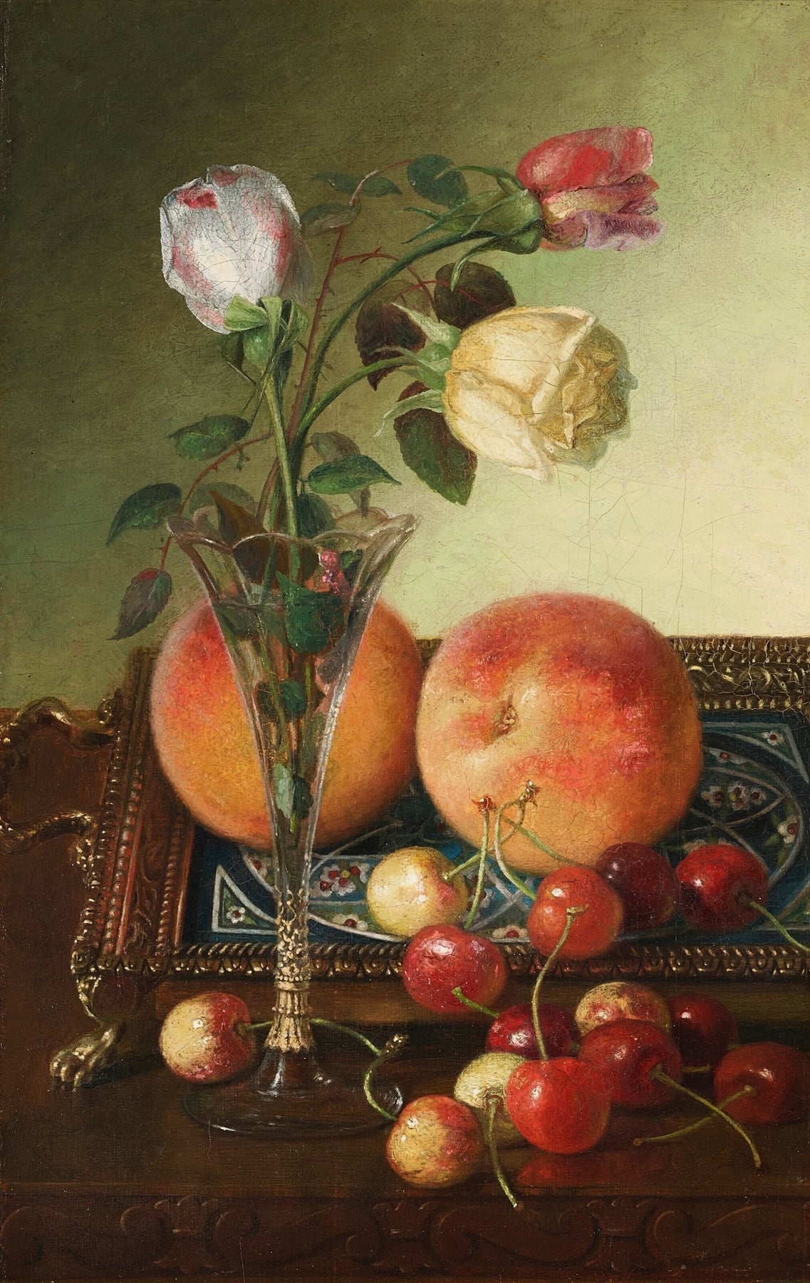 Still Life Oil Painting - Roses, Peaches and Cherries - Oil Painting Haven